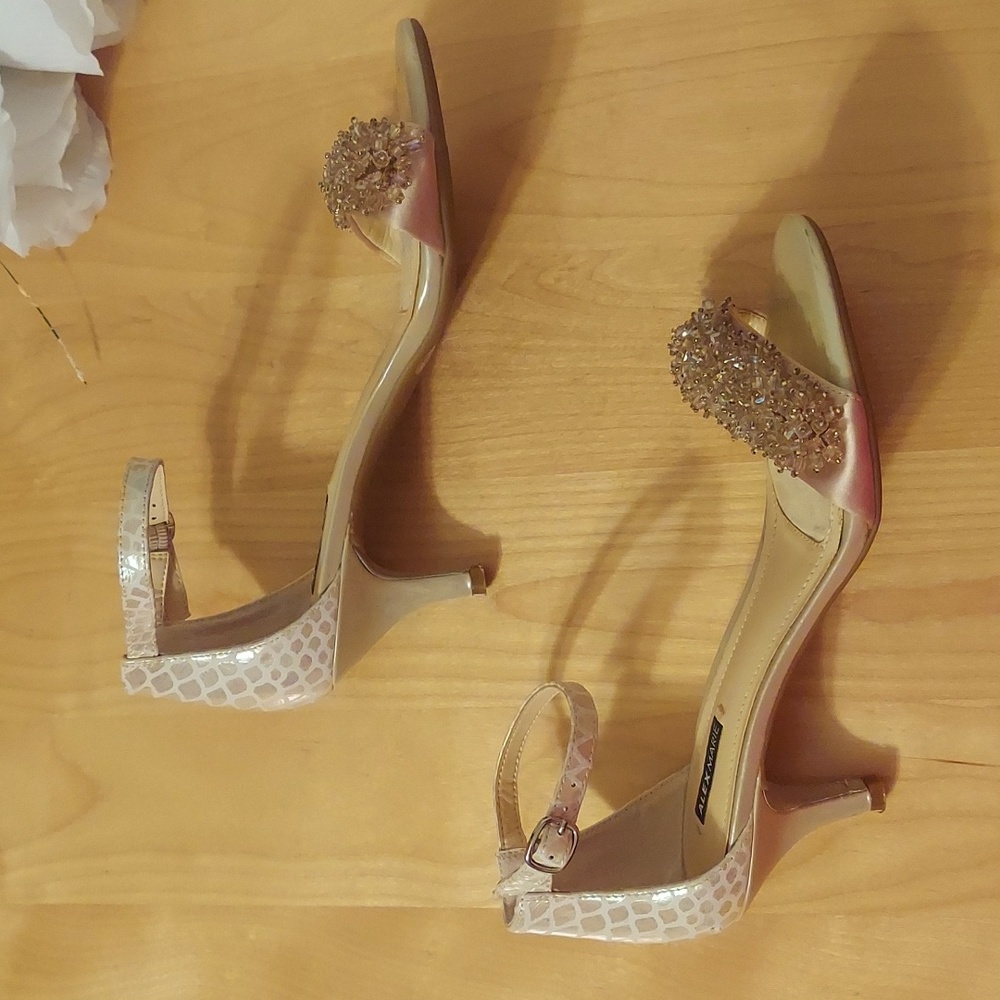 Alex Marie Champagne Beaded Animal Print Leather Ankle Strap Heels Size 6.5 - Picture 6 of 16